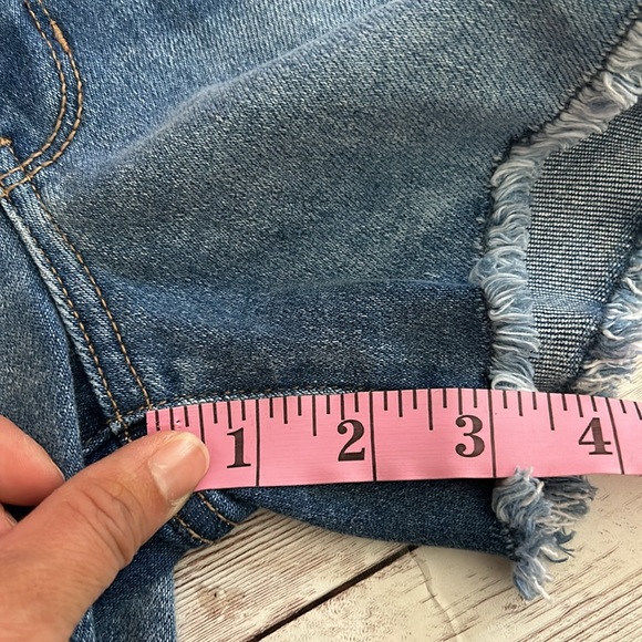 Pinkblush Medium Wash Fringe Hem Maternity Full Panel Denim Shorts - Picture 6 of 9